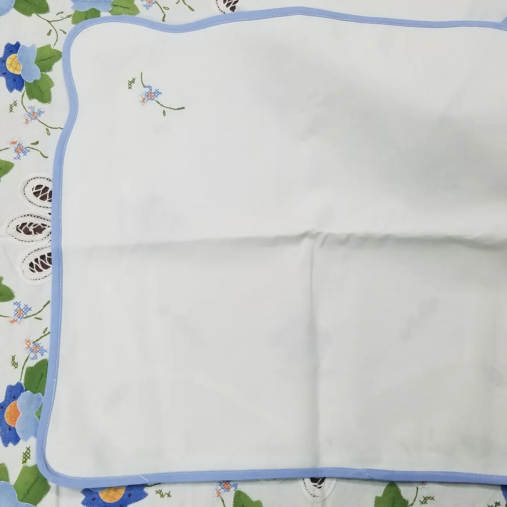 Vintage Floral Applique Round Tablecloth & 8 Napkins Set Blue Trim